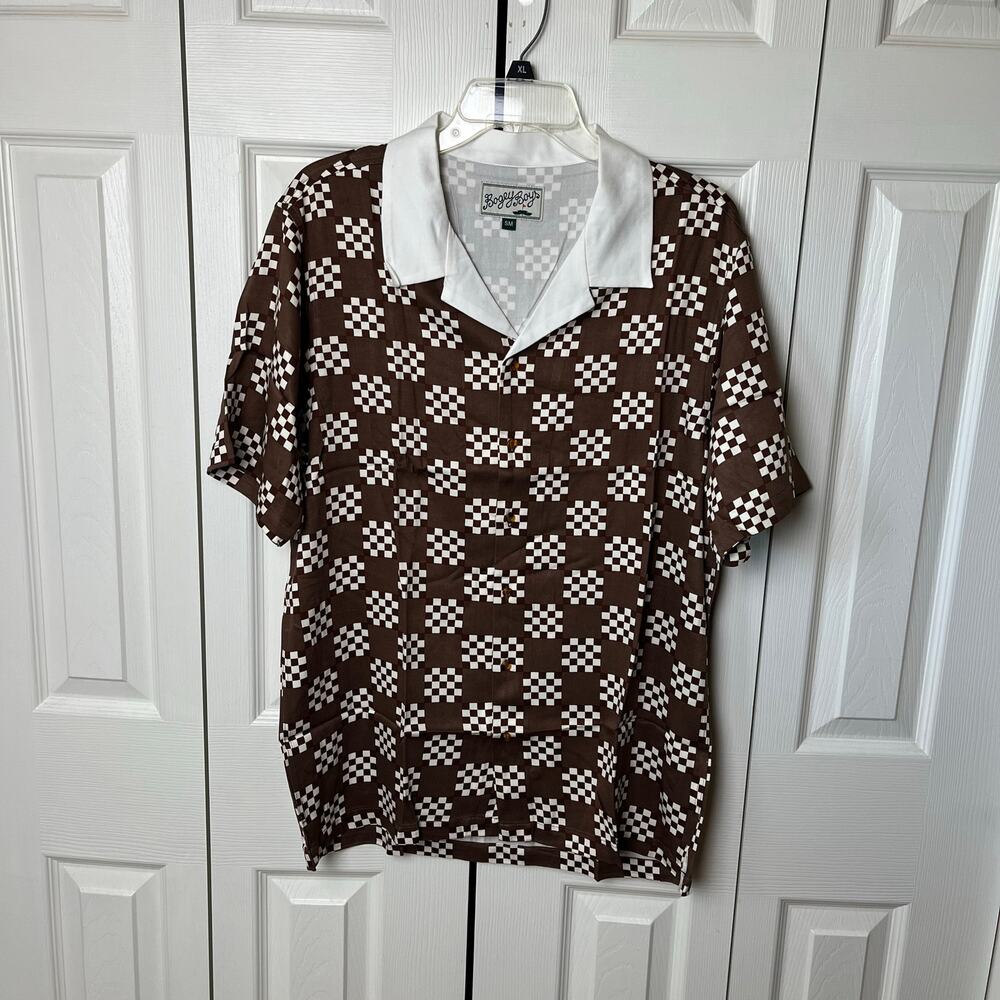 Bogey Boys Big Check Button Up Golf Shirt Brown White Small